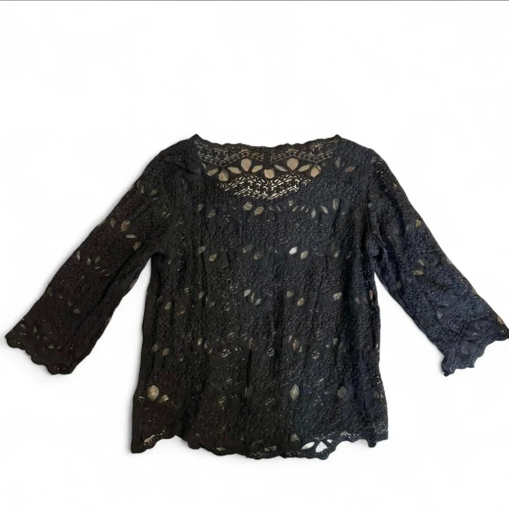 H&M Black Lace Mesh Top Size 8 Boho Goth Sheer‎ 3/4 Sleeve